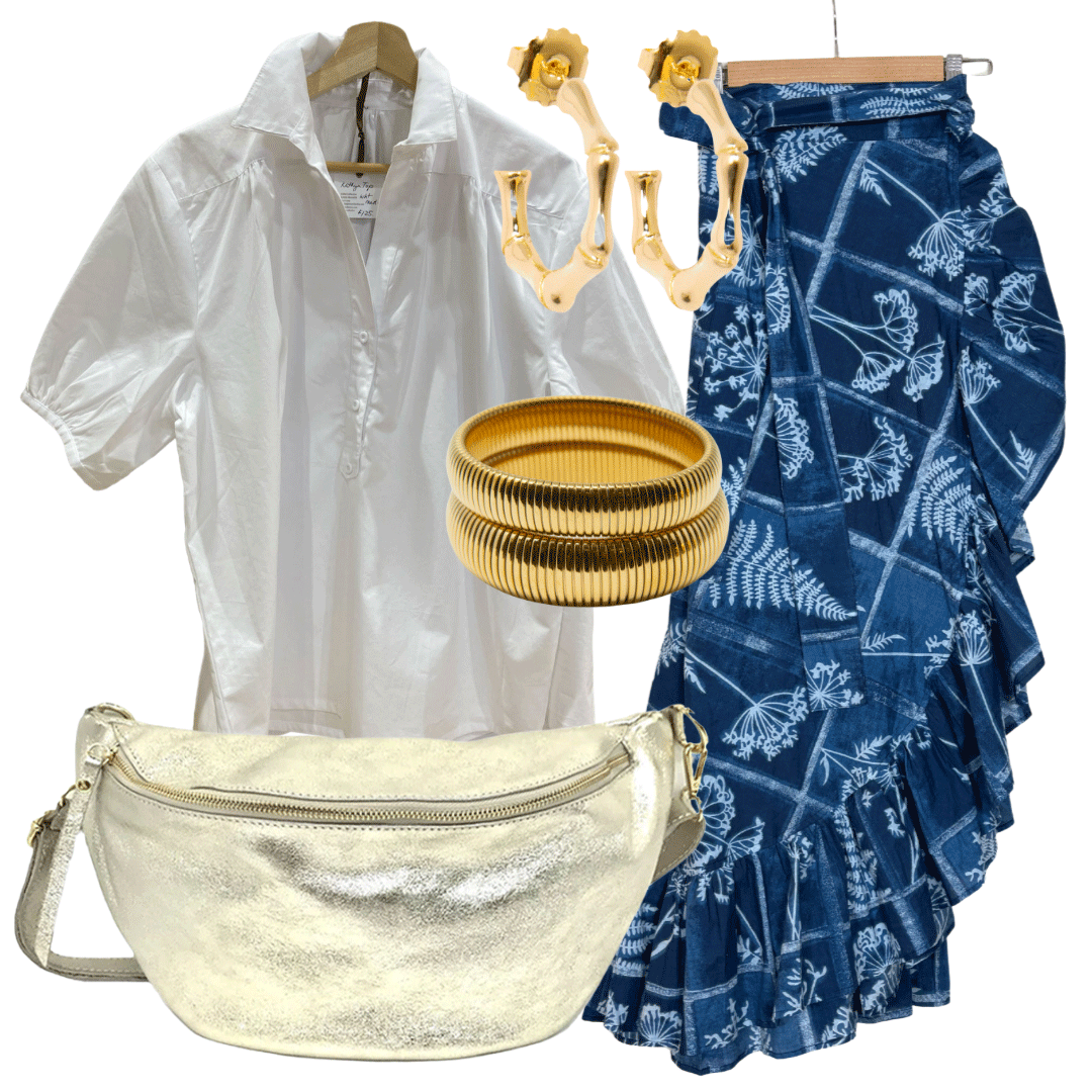 Indigo Botanical wrap skirt with white cotton top, gold earrings, gold bracelets and crossbody bag.