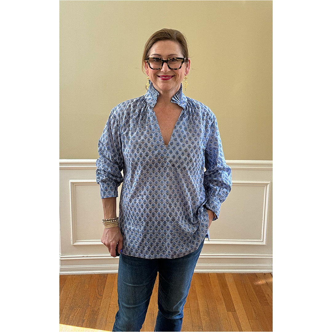 Ruffle Collar Top - Blue on Blue