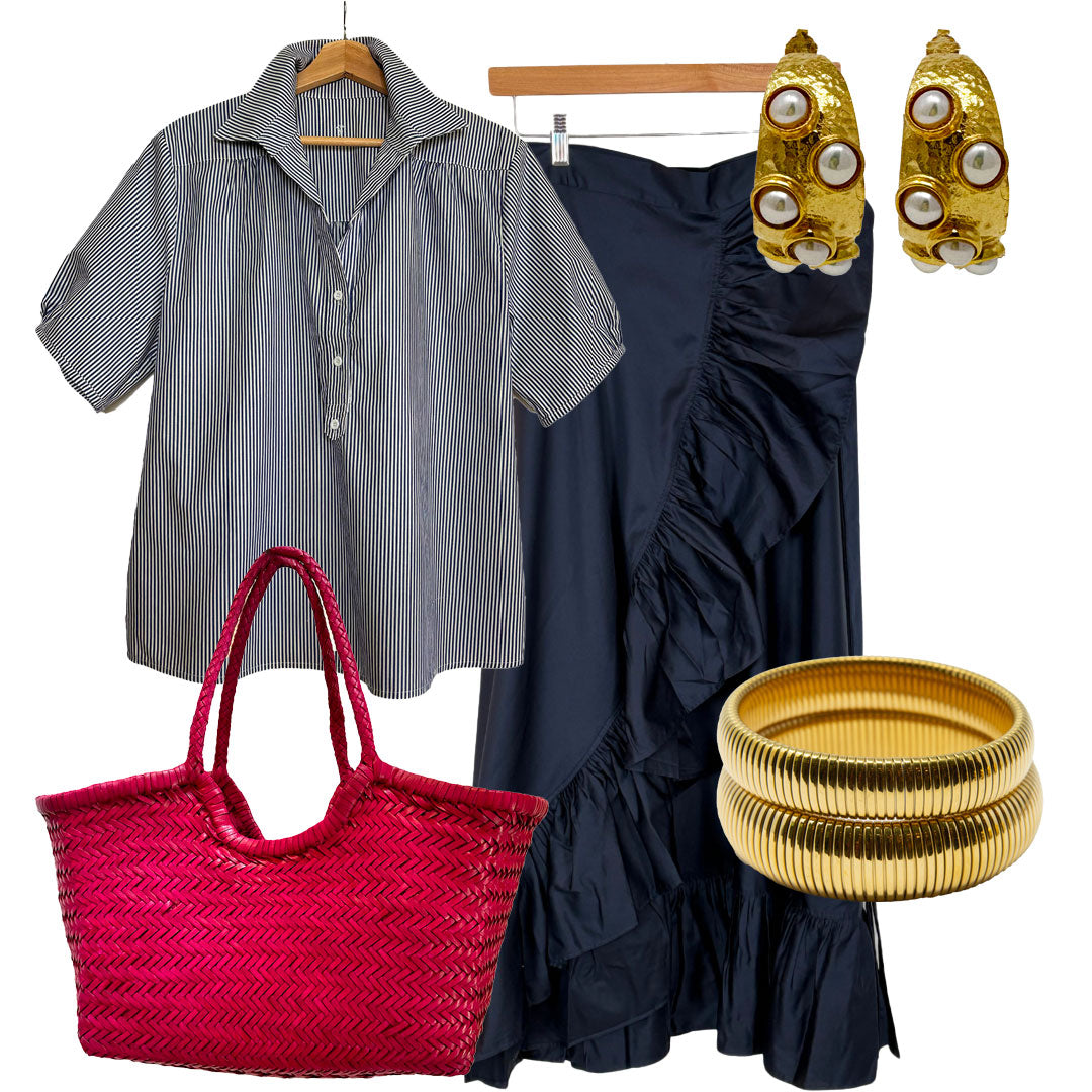 Kathya Popover Top - Navy/White Pinstripe