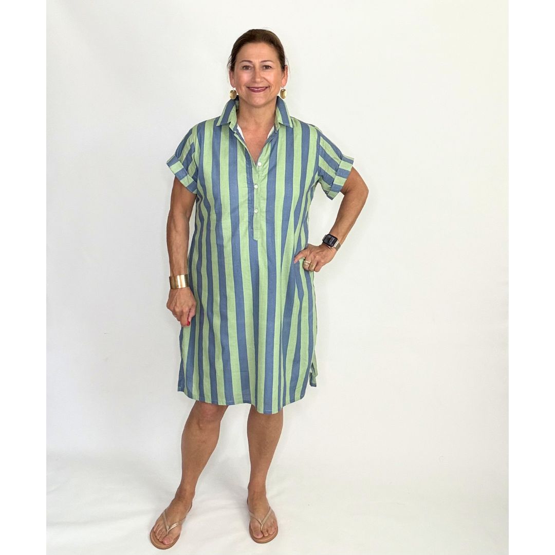 Lucia Short Dress - Blue/Green Stripe