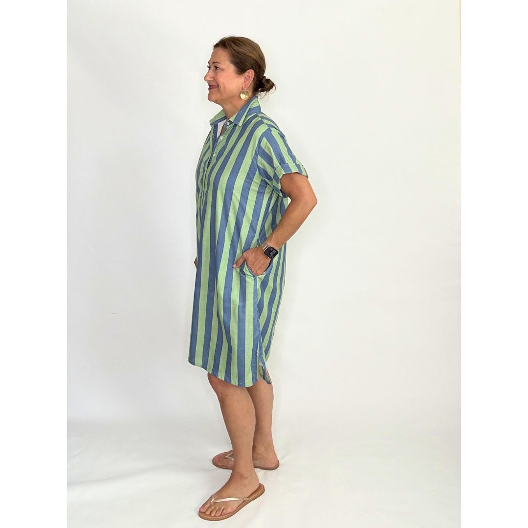 Lucia Short Dress - Blue/Green Stripe