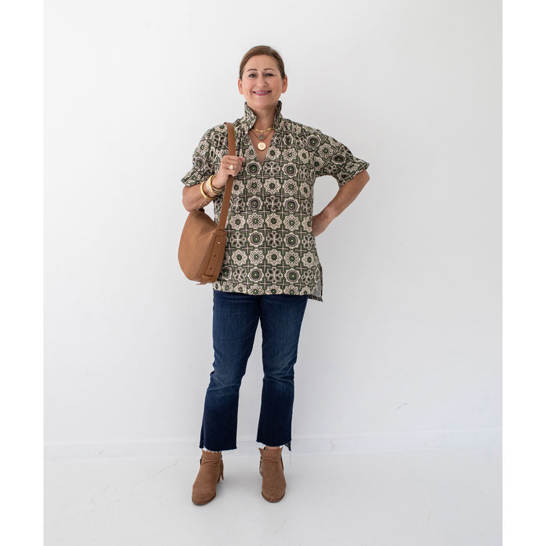 Merritt Top - Green Retro Print
