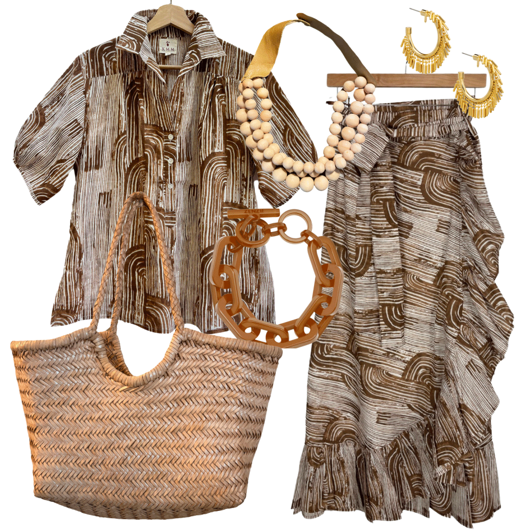 Sofia Printed Wrap Skirt - Brown Retro