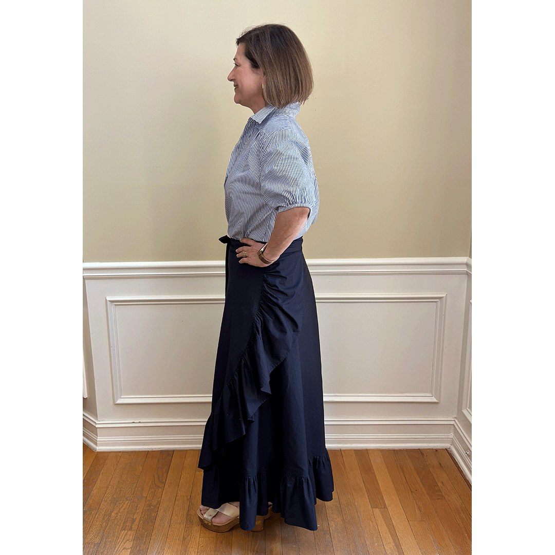 Kathya Popover Top - Navy/White Pinstripe