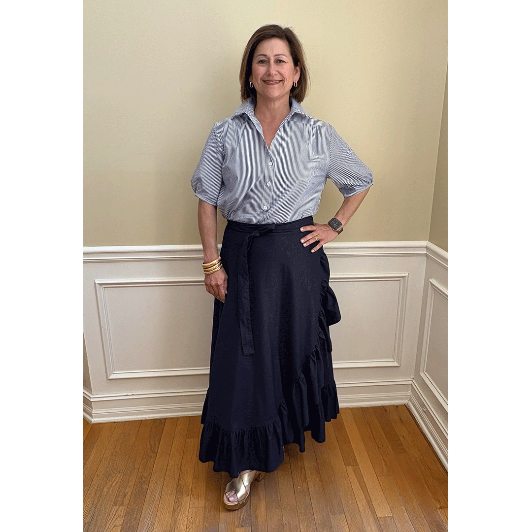Kathya Popover Top - Navy/White Pinstripe