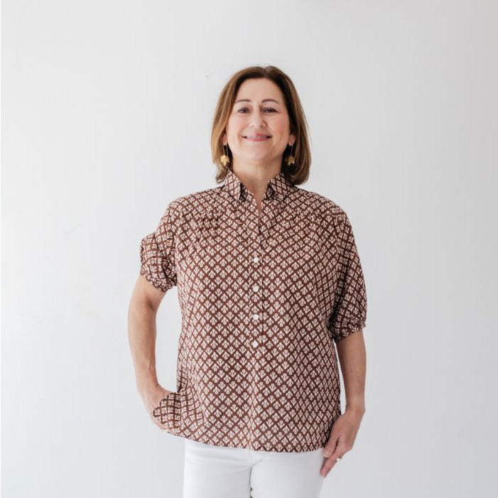 Kathya Popover Top - Brown Floral Print