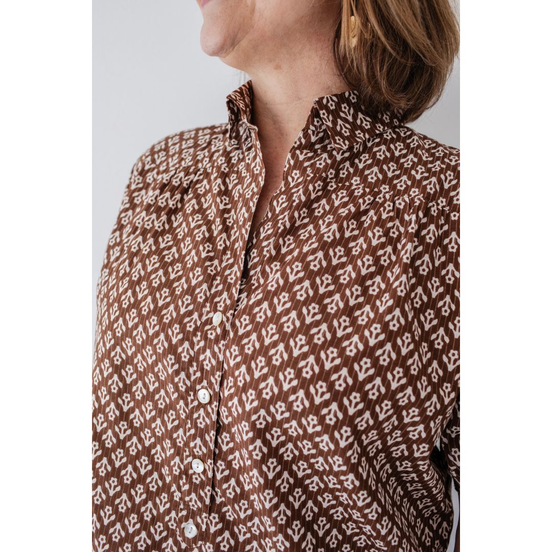 Kathya Popover Top - Brown Floral Print