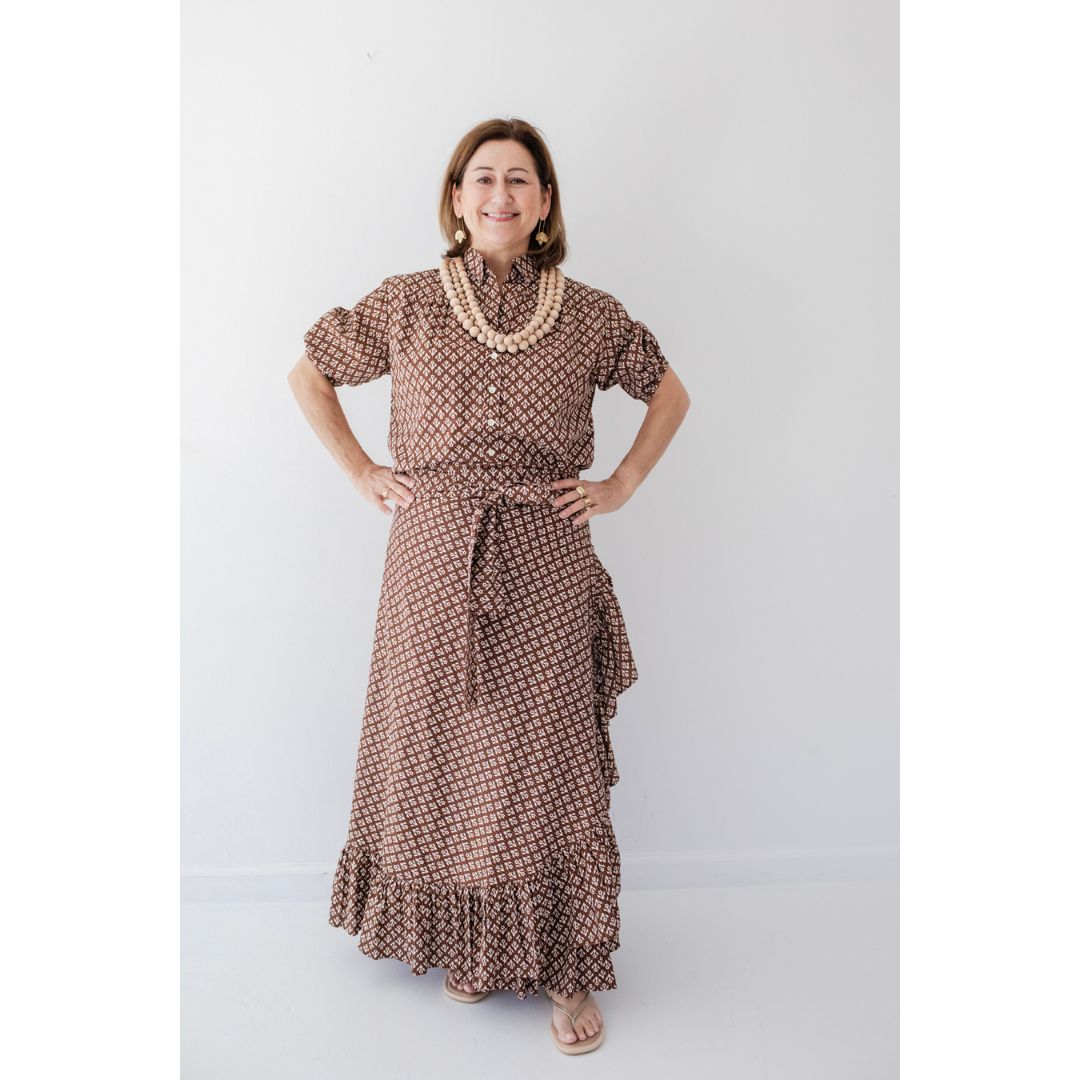 Kathya Popover Top - Brown Floral Print