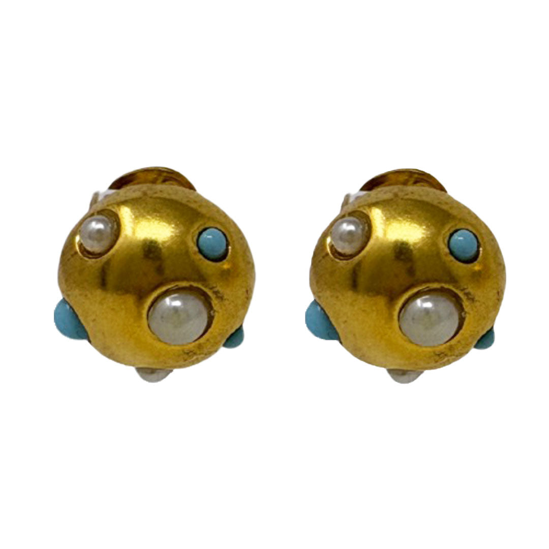 Button Earrings - Turquoise and Pearl