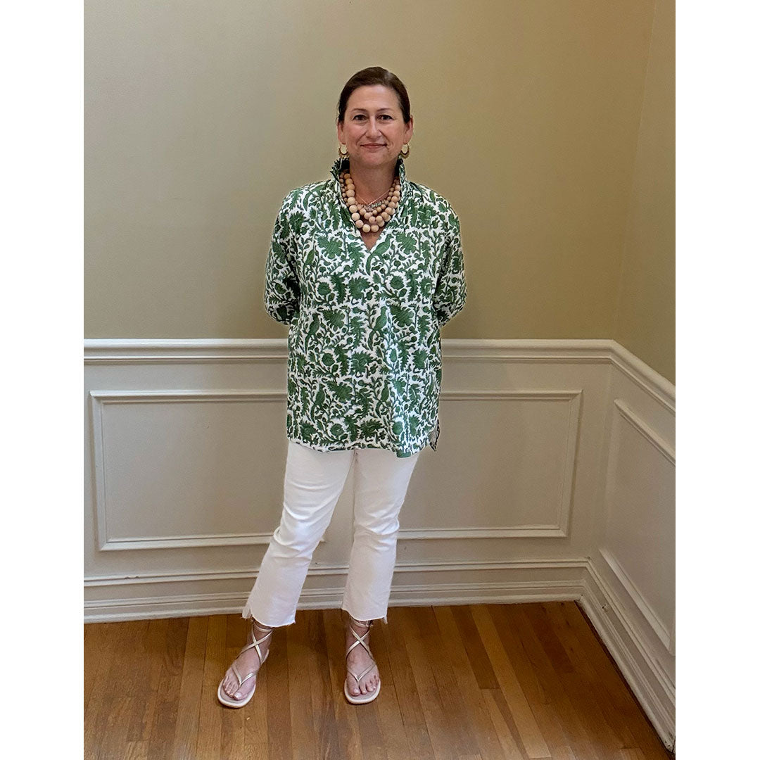 Ruffle Collar Top - Green and White