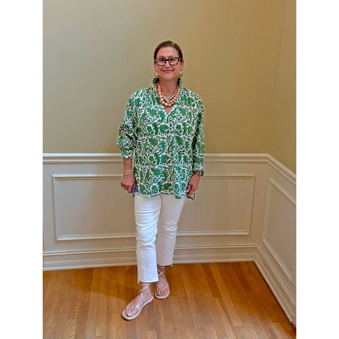 Ruffle Collar Top - Green and White