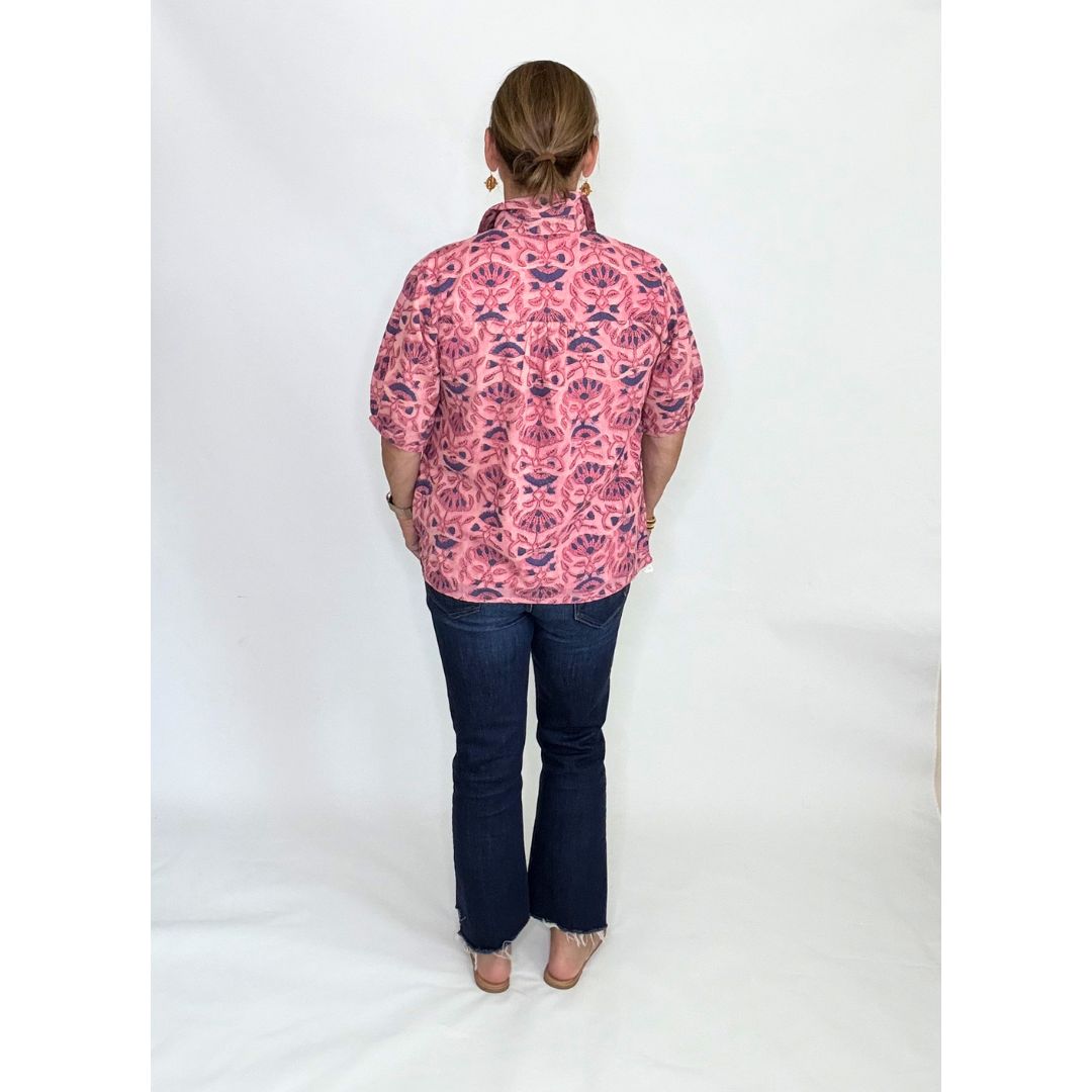 Kathya Popover Top - Blue/Pink Floral