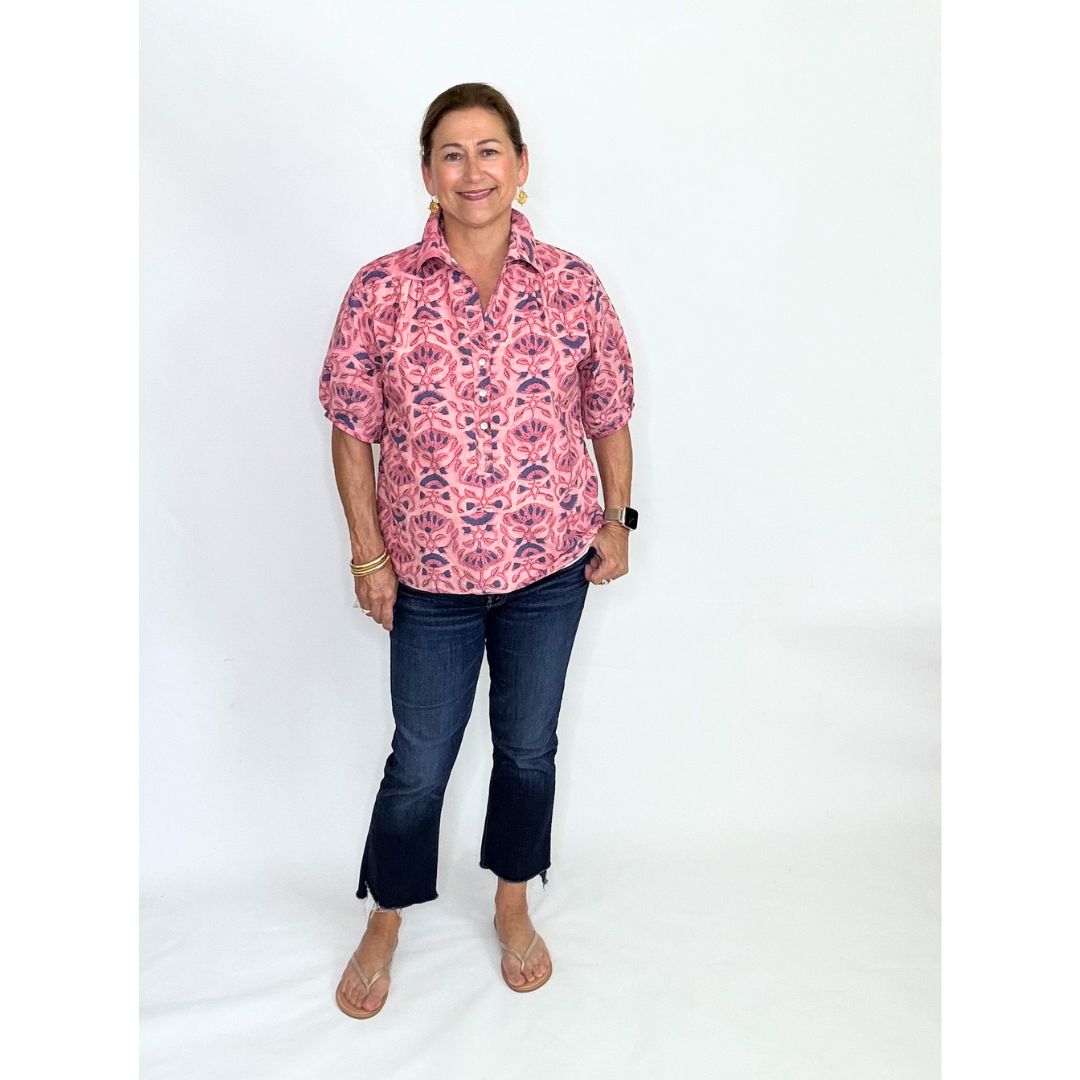 Kathya Popover Top - Blue/Pink Floral