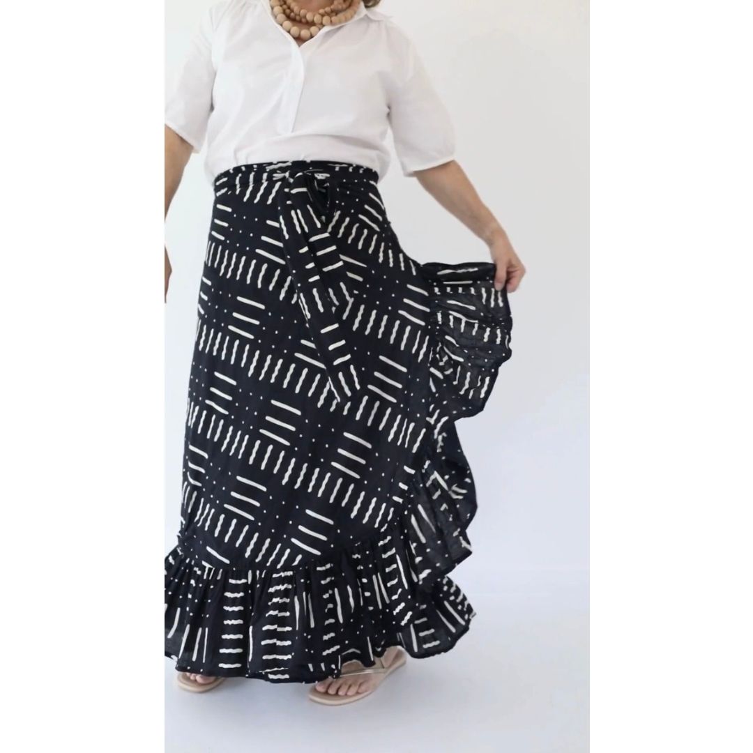 Sofia Printed Wrap Skirt - Black/Cream Geo Print