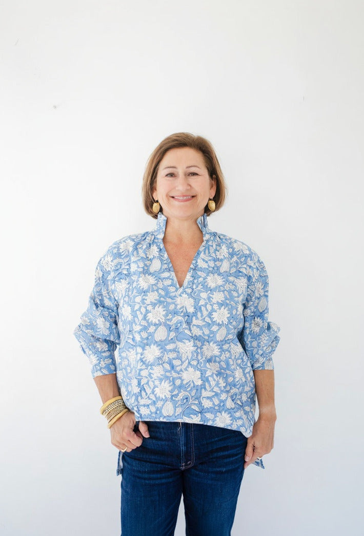 Ruffle Collar Top - Wedgewood Blue