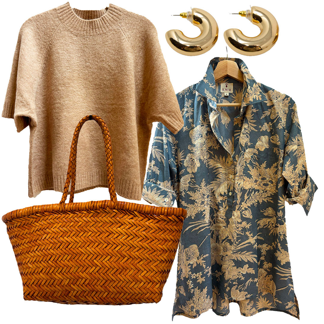 Tan-Cropped-Sweater-Lucia-blue-floral-Top-Gigi-woven-leather-Tote-bag