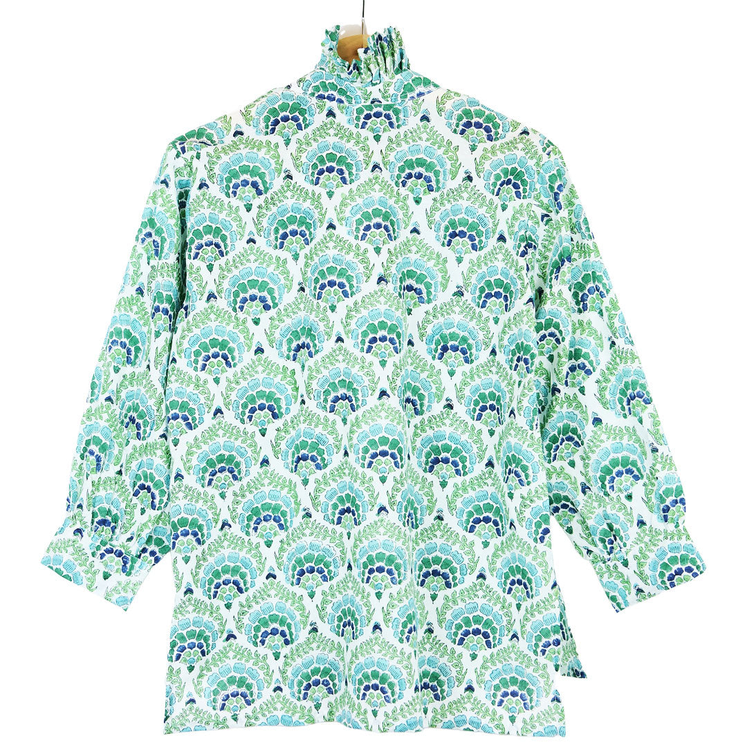 Ruffle Collar Top - Blue and Green
