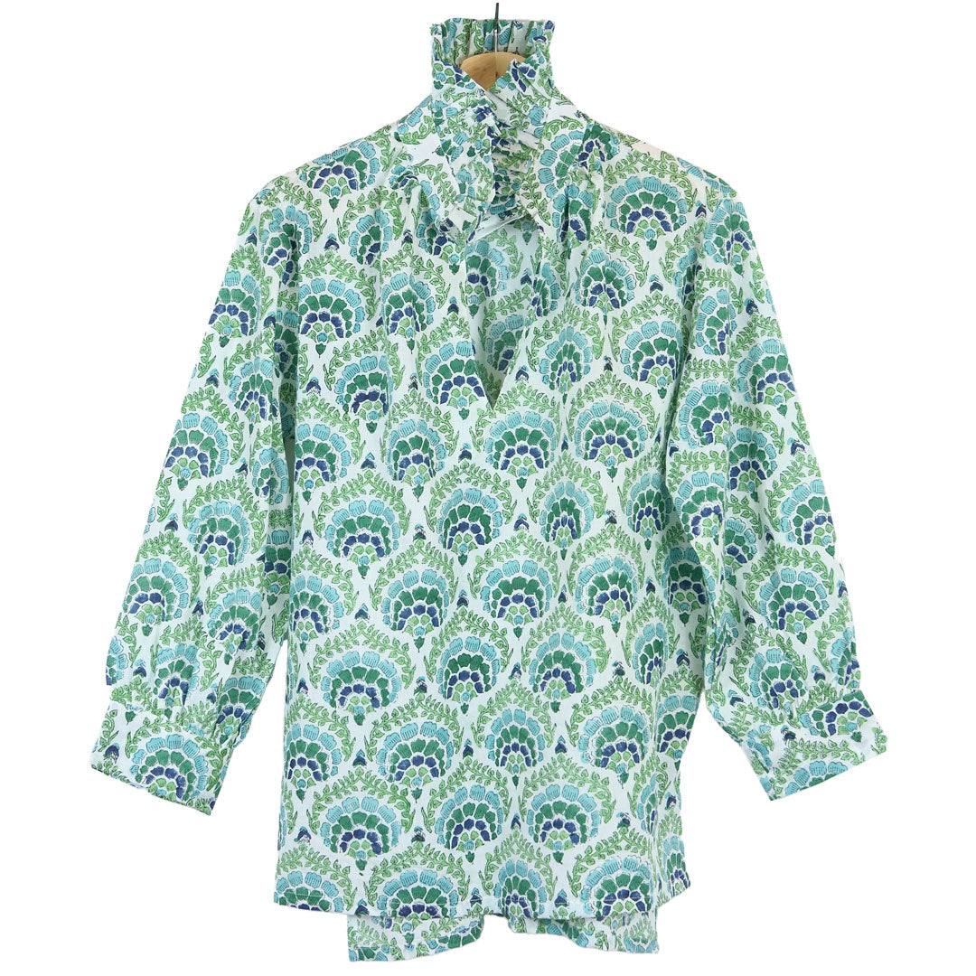 Ruffle Collar Top - Blue and Green