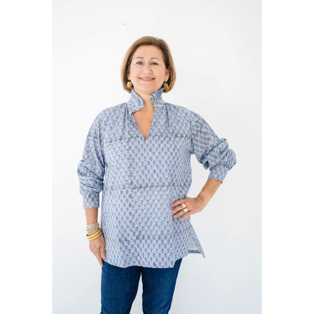Ruffle Collar Top - Blue on Blue