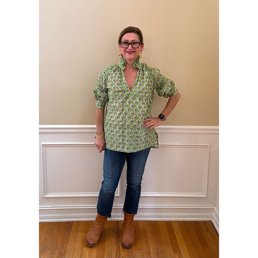 Ruffle Collar Top - Green and Pink