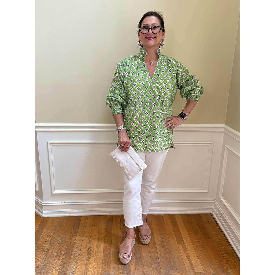 Ruffle Collar Top - Green and Pink