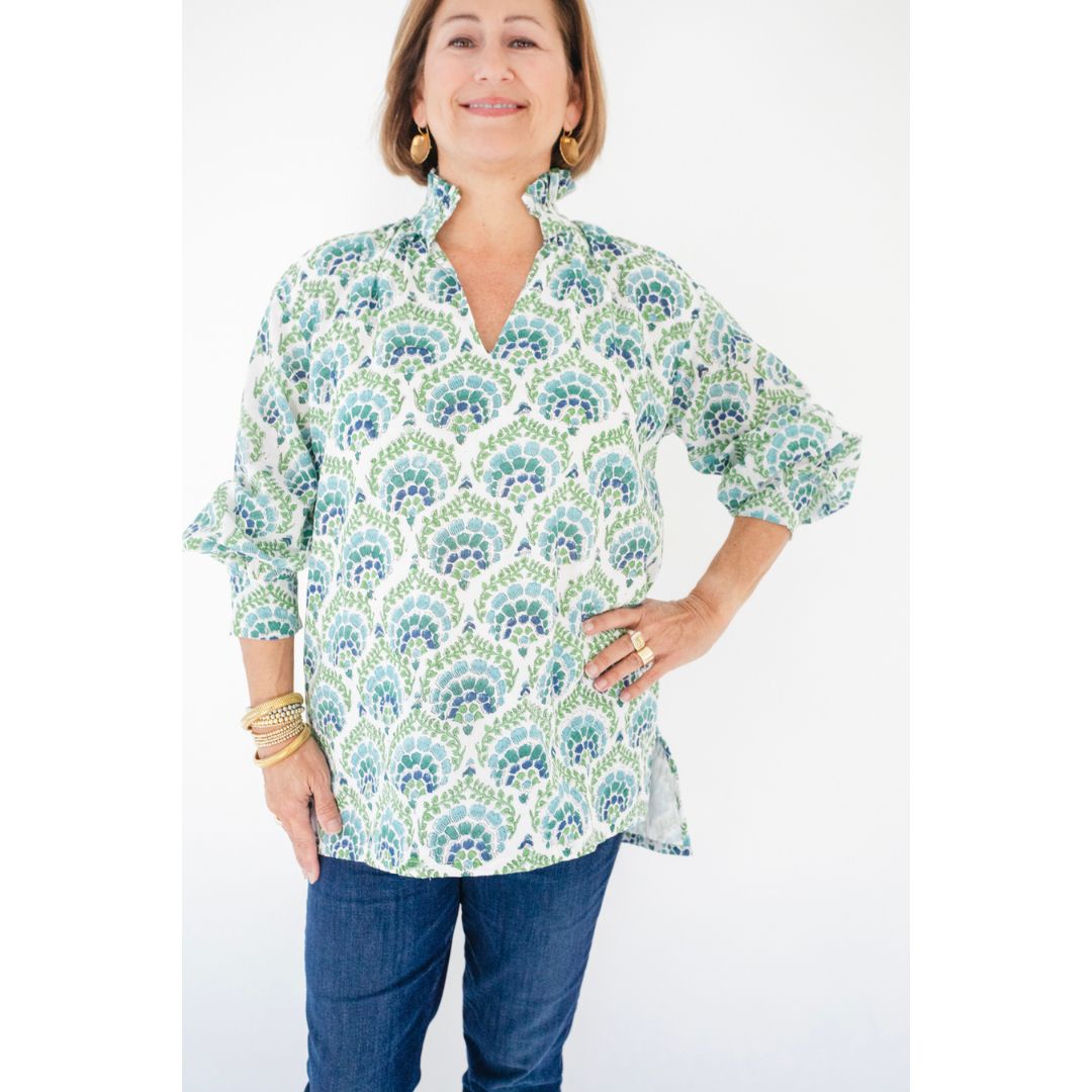 Ruffle Collar Top - Blue and Green