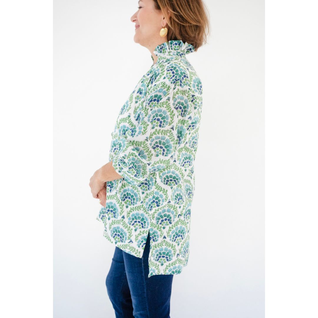 Ruffle Collar Top - Blue and Green
