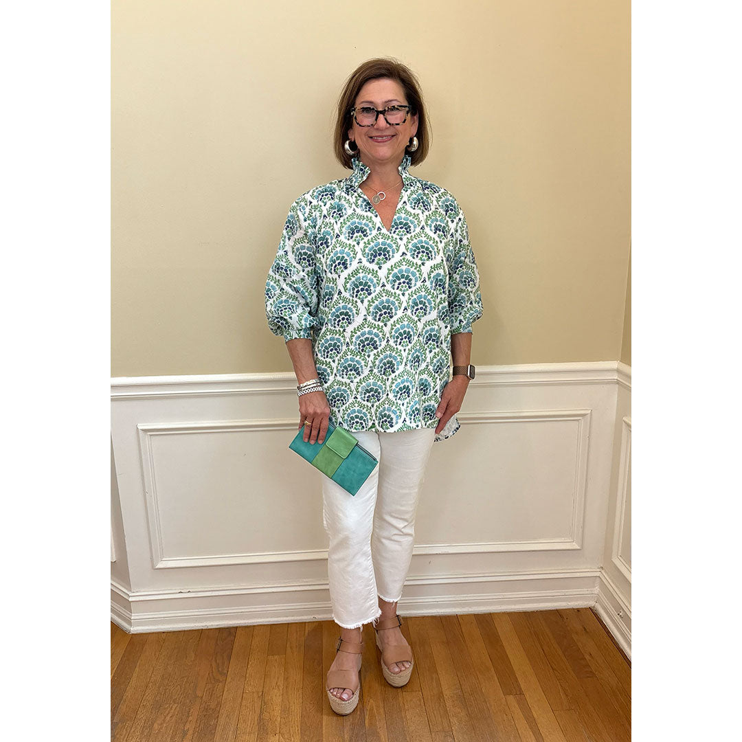 Ruffle Collar Top - Blue and Green