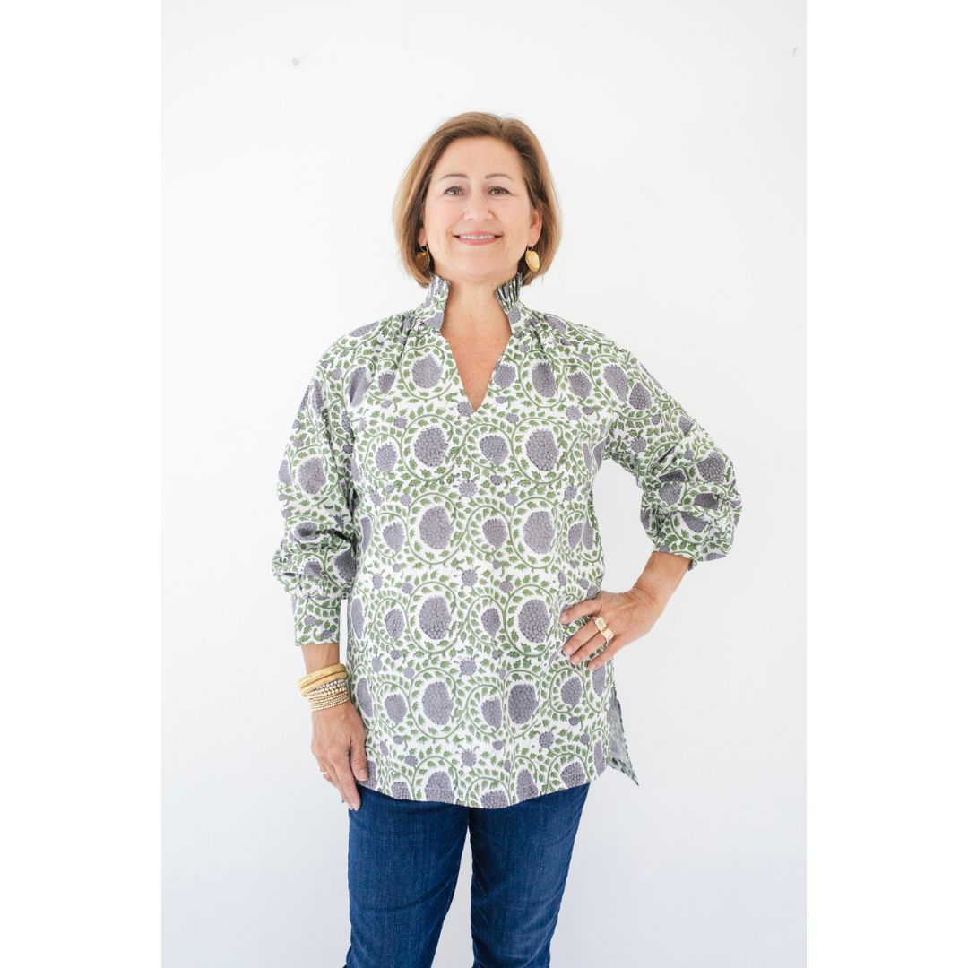 Ruffle Collar Top - Purple and Green