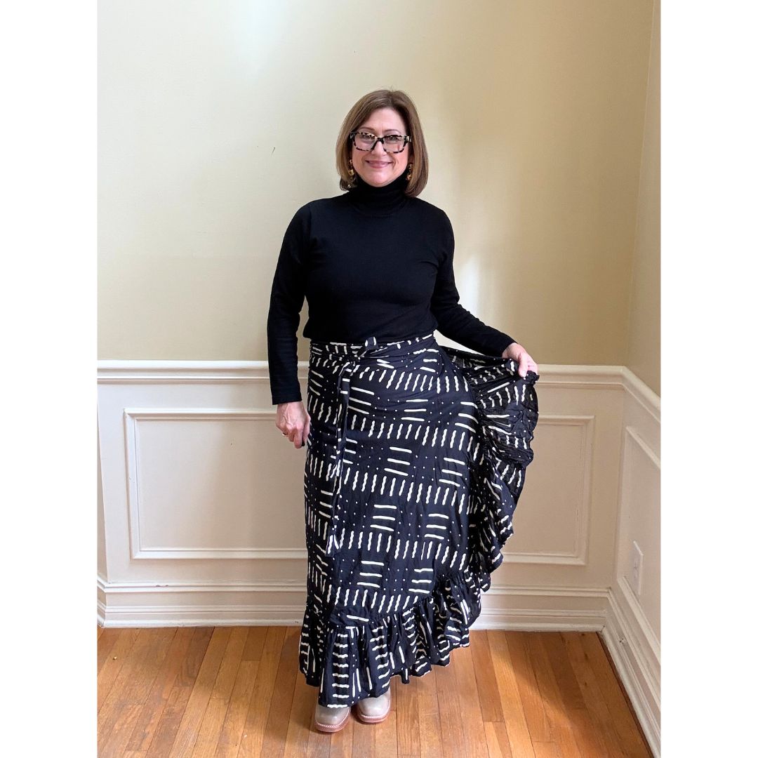 Sofia Printed Wrap Skirt - Black/Cream Geo Print