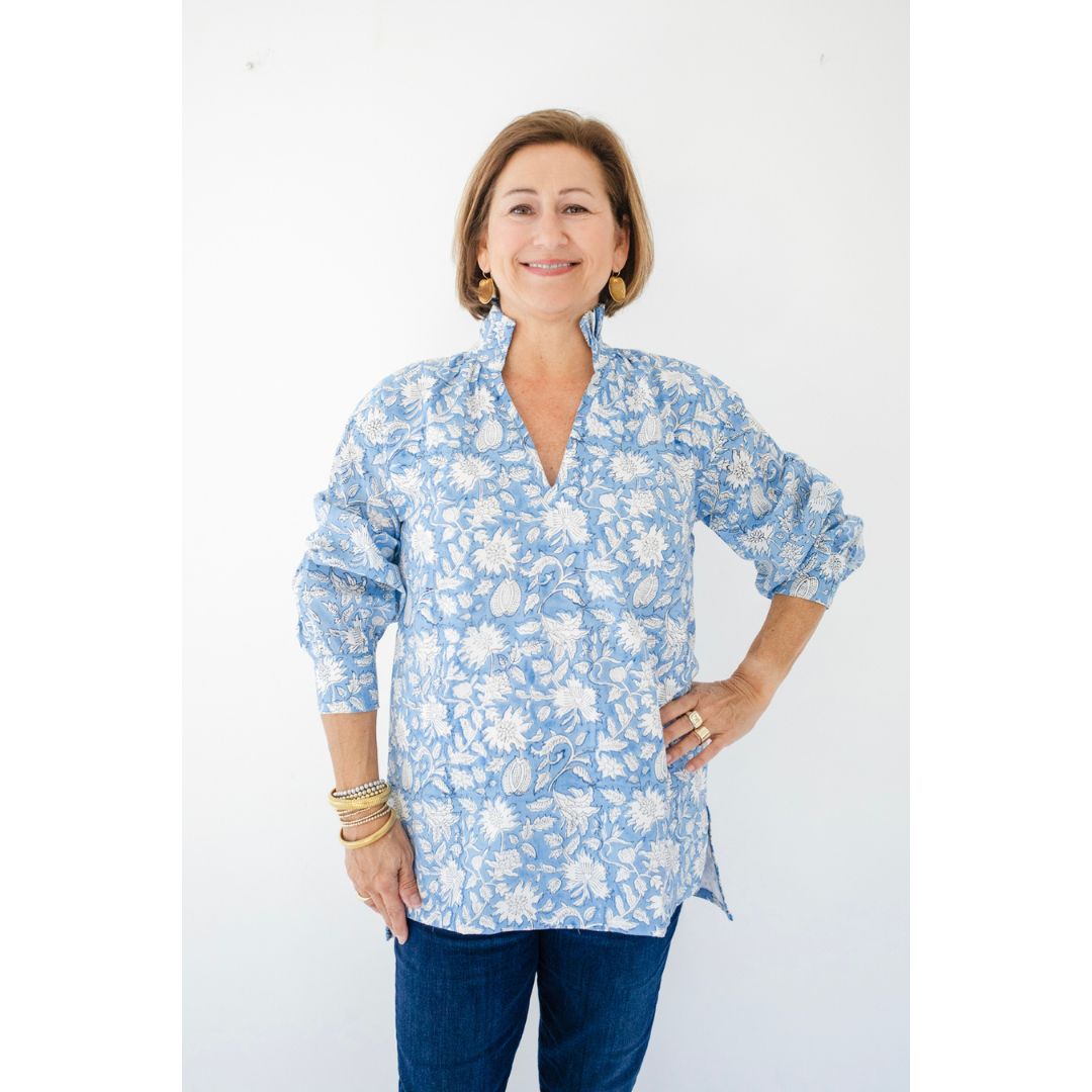 Ruffle Collar Top - Wedgewood Blue