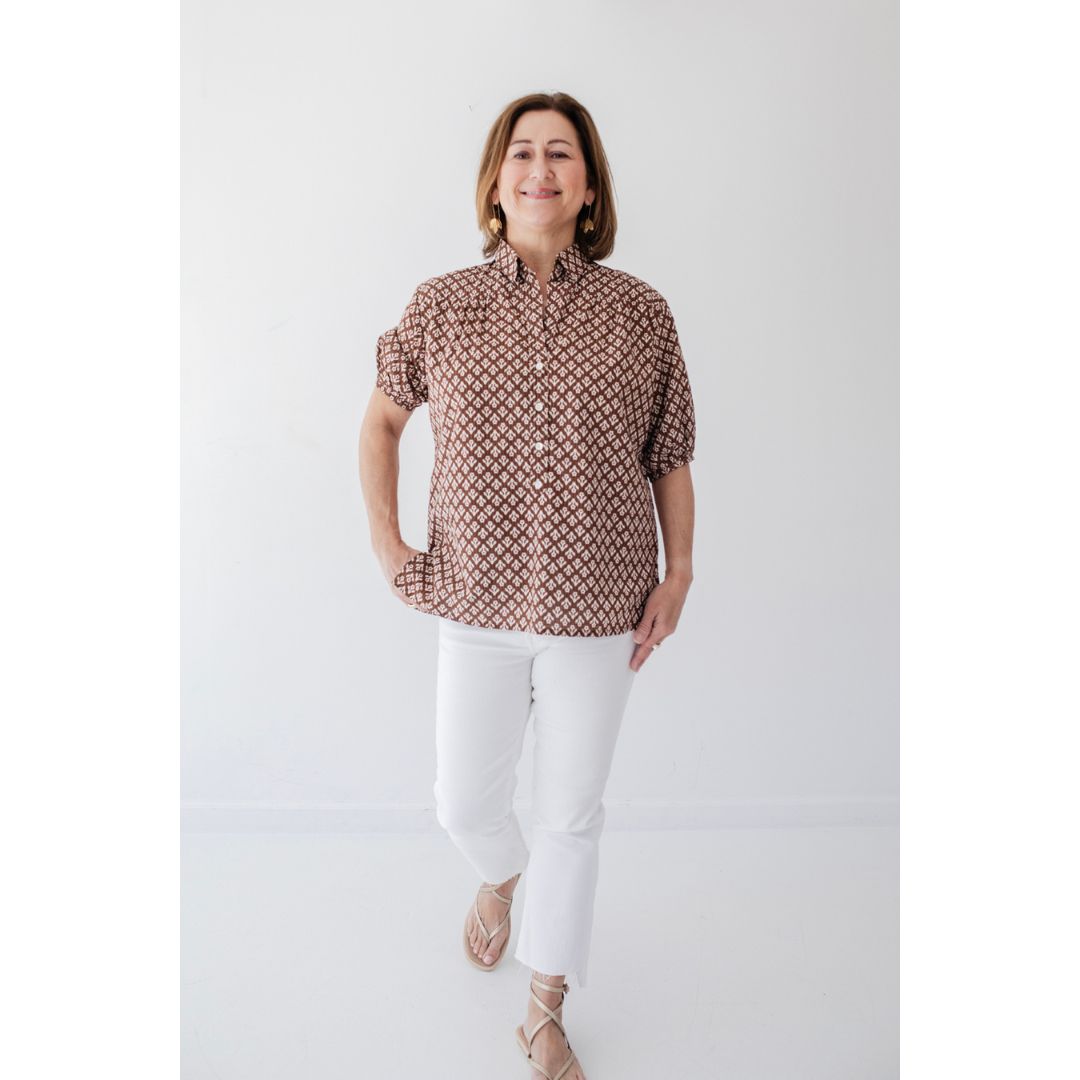 Kathya Popover Top - Brown Floral Print
