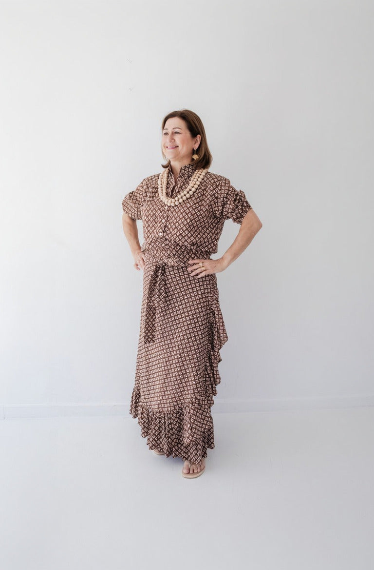 Kathya Popover Top - Brown Floral Print