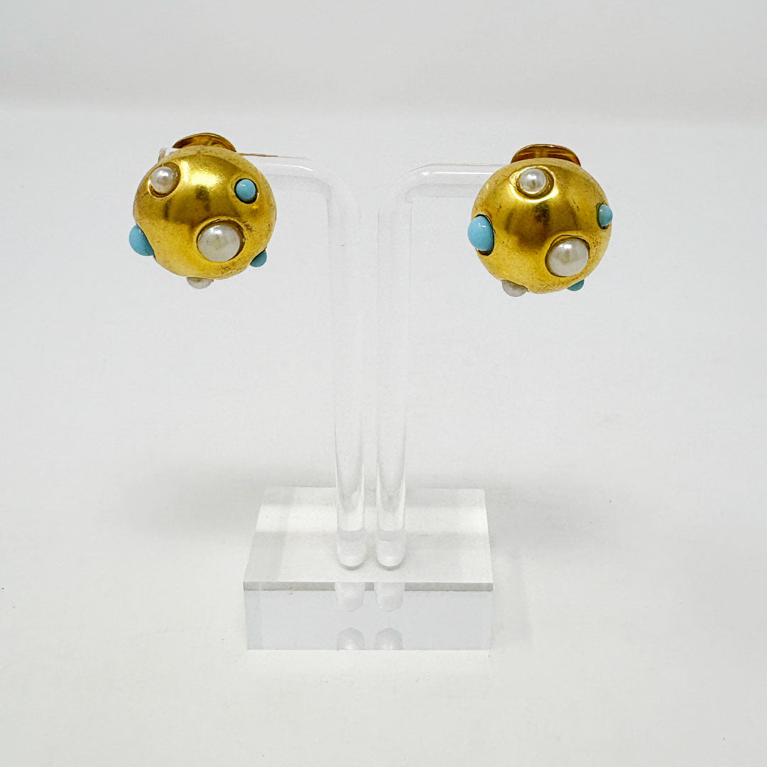Button Earrings - Turquoise and Pearl