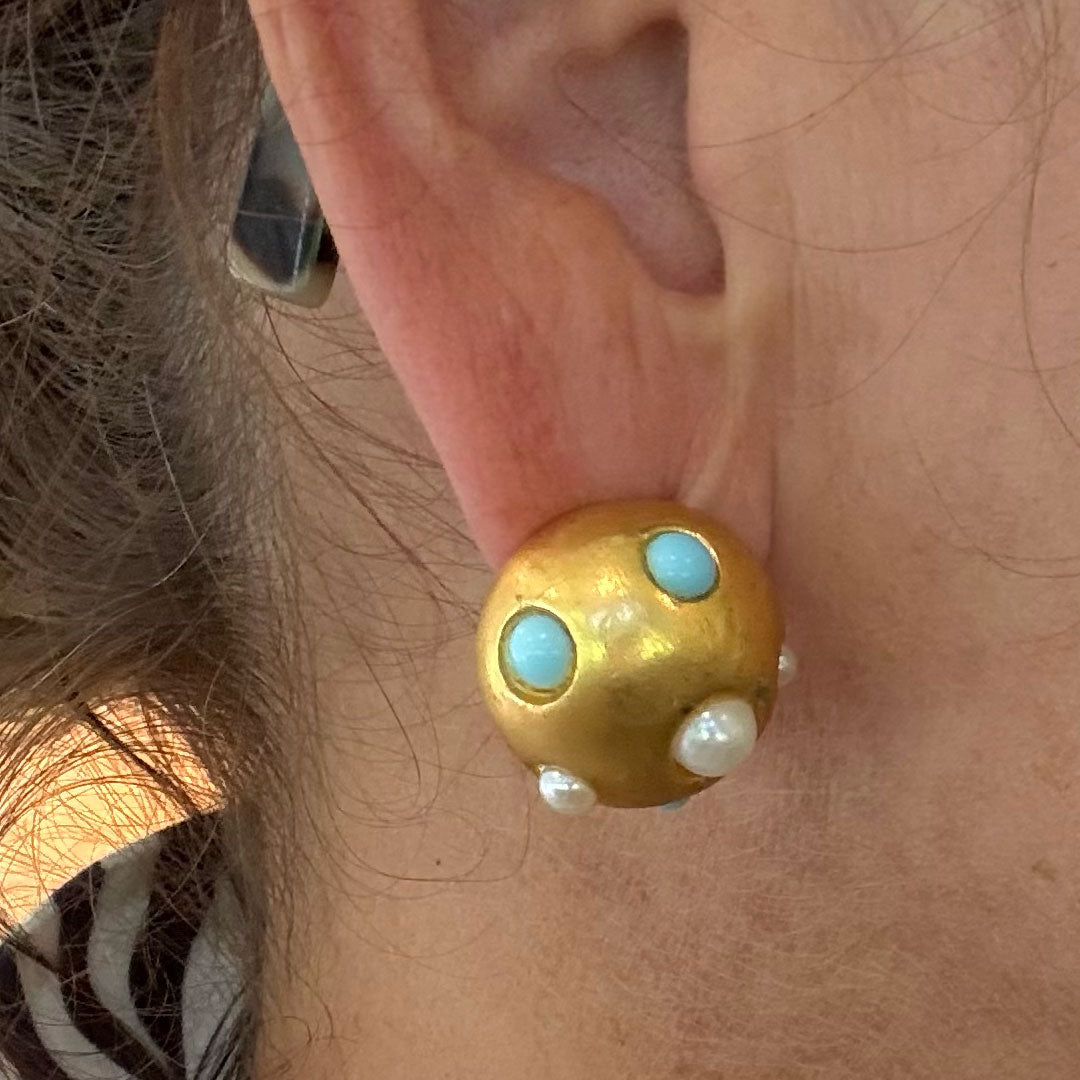 Button Earrings - Turquoise and Pearl