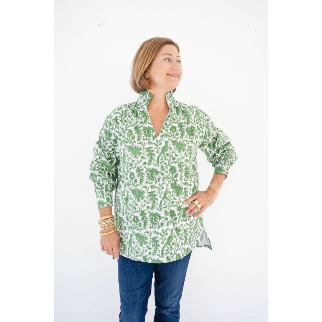 Ruffle Collar Top - Green and White