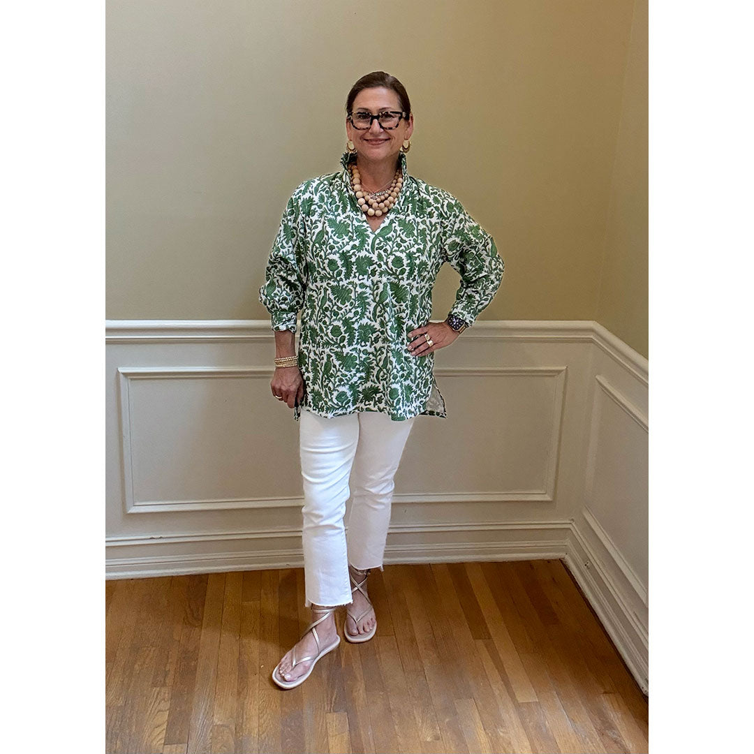 Ruffle Collar Top - Green and White