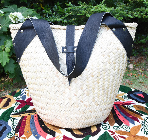 Straw Tote with Black Leather