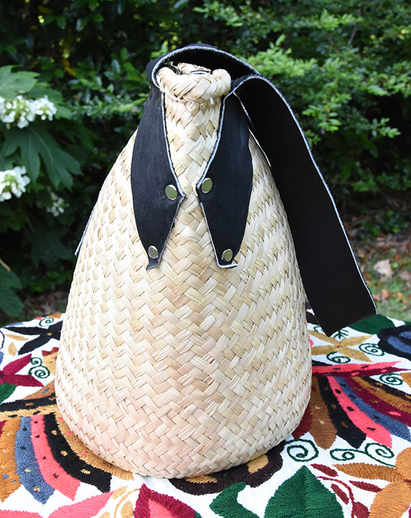 Straw Tote with Black Leather