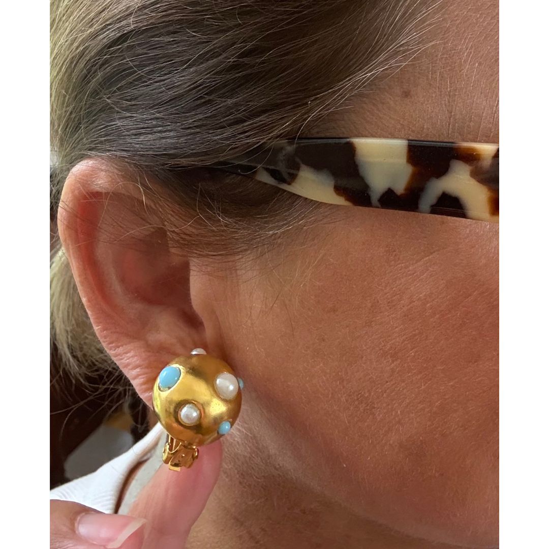 Button Earrings - Turquoise and Pearl