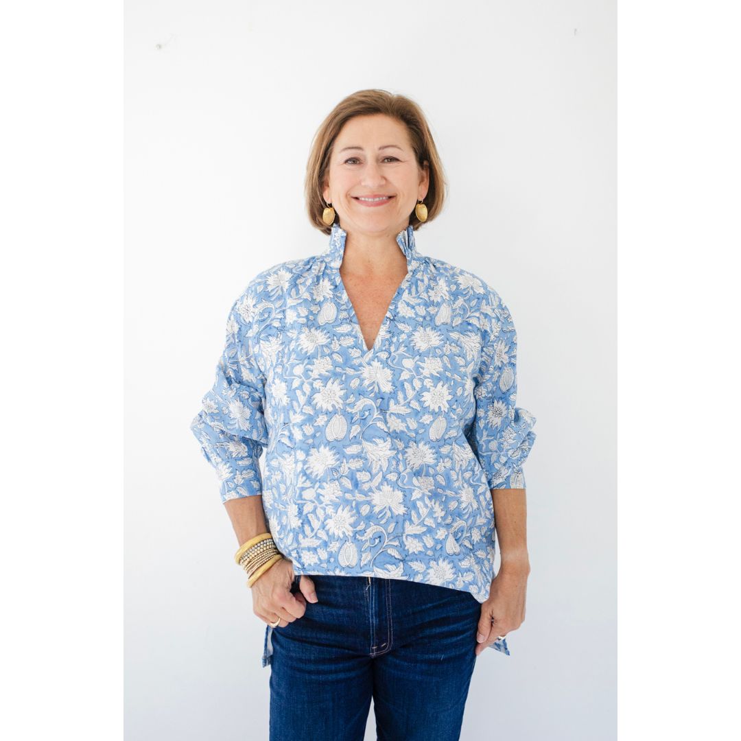 Ruffle Collar Top - Wedgewood Blue