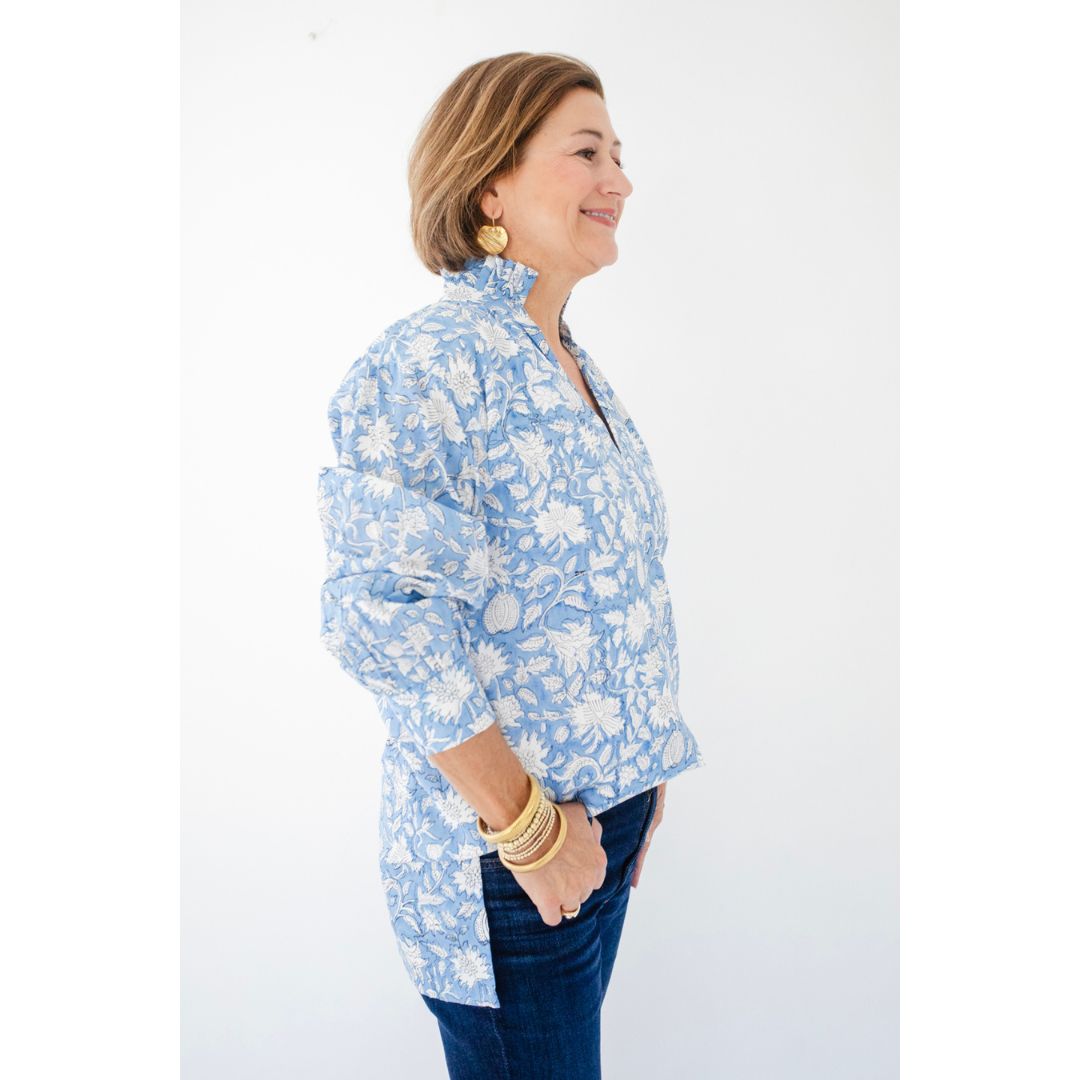 Ruffle Collar Top - Wedgewood Blue