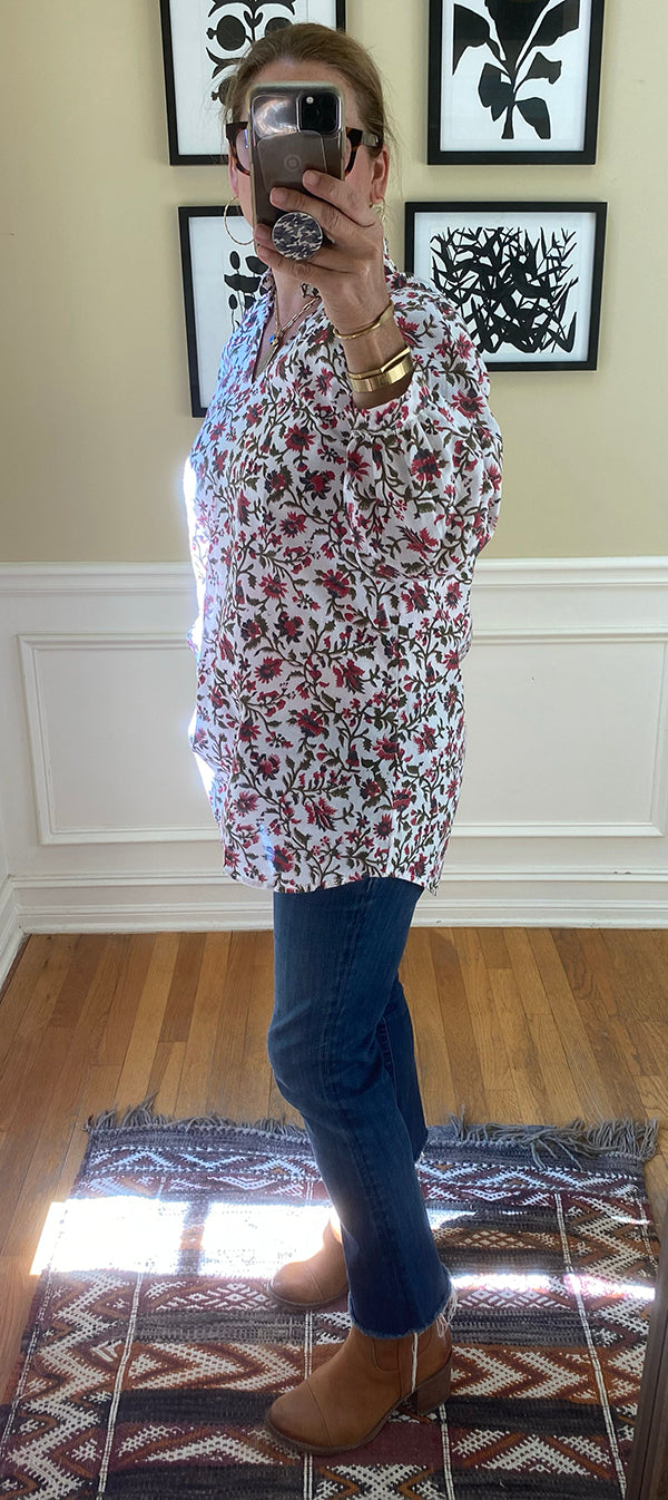 Ruffle Collar Top - Red Flowers